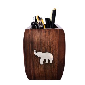 ZA-10 Indian Craft Handmade Sheesham Wood Pen Stand with Brass Inlay: Majestic Elephant Design