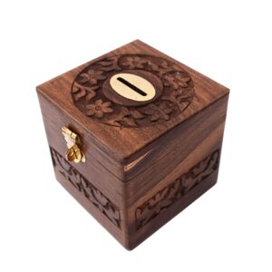 ZA-13 Artisan-Crafted Sheesham Wood Coin Box with Money Box Indian Hand Crafted Carved