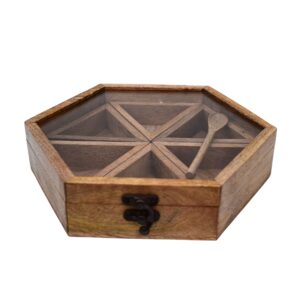 ZA-06 Indian Artistry Unleashed: Handcrafted Hexagon Mango Wood Spice Box with Glass Lid