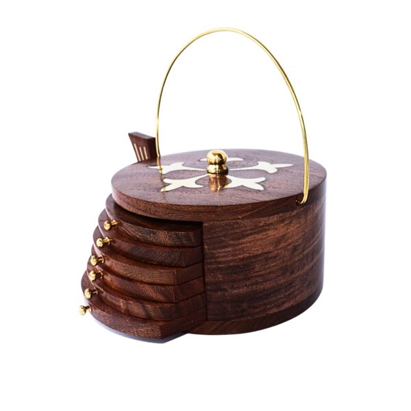 ZA-08 Vintage Elegance: Shisham Wood Coaster Set with Brass Work and Old Kettle Shape