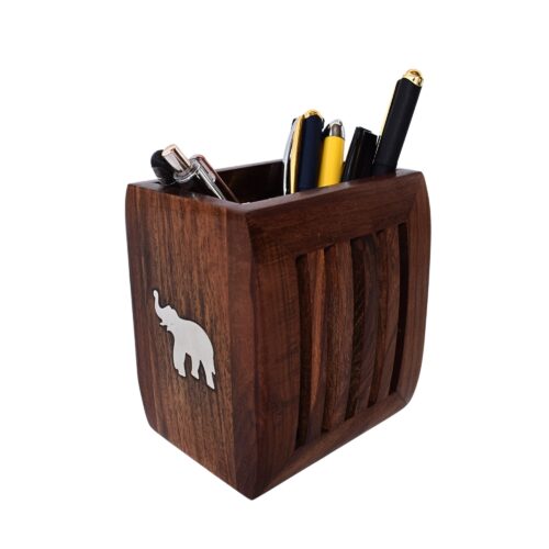 ZA-10 Indian Craft Handmade Sheesham Wood Pen Stand with Brass Inlay: Majestic Elephant Design