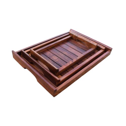 MWT-01Large Versatile and Stylish: Sheesham Wood Rectangular Trays Trio Indian Hand-Made