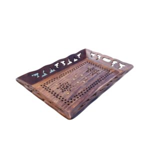 MWT-14Medium Functional Artistry: Sheesham Wood Serving Tray – Hand-Carved and Brass Inlay for a Touch of Opulence in Every Serve