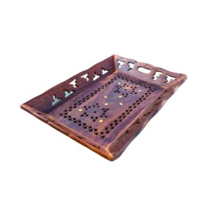 MWT-14Medium Functional Artistry: Sheesham Wood Serving Tray – Hand-Carved and Brass Inlay for a Touch of Opulence in Every Serve