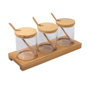 Glass Spice Jars | Wooden Lid Glass Jar Tray | Set of 3 Glass Canisters