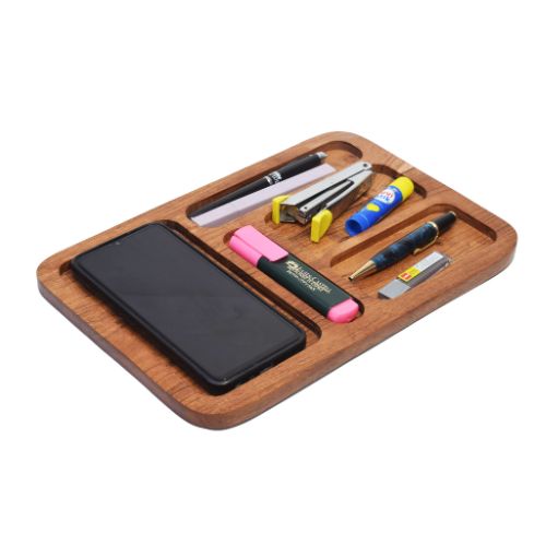 Wooden Table Organizer for Mobile, Wristwatches, Credit Cards, Pens, Stapler and Earbuds Etc