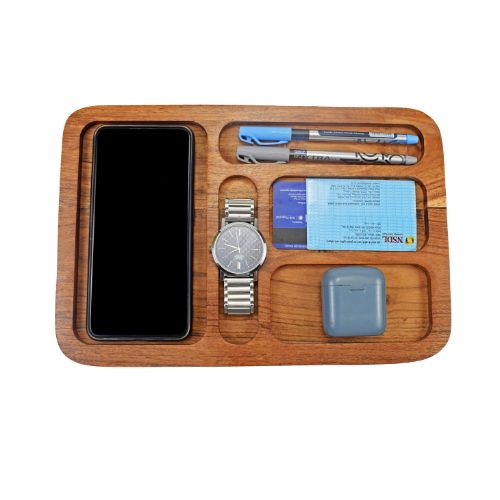 Wooden Table Organizer for Mobile, Wristwatches, Credit Cards, Pens, Stapler and Earbuds Etc