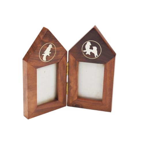 Antique Wooden Photo Frame | Handcrafted Double Photo Frame with Horse inlay