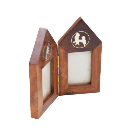 Antique Wooden Photo Frame | Handcrafted Double Photo Frame with Horse inlay